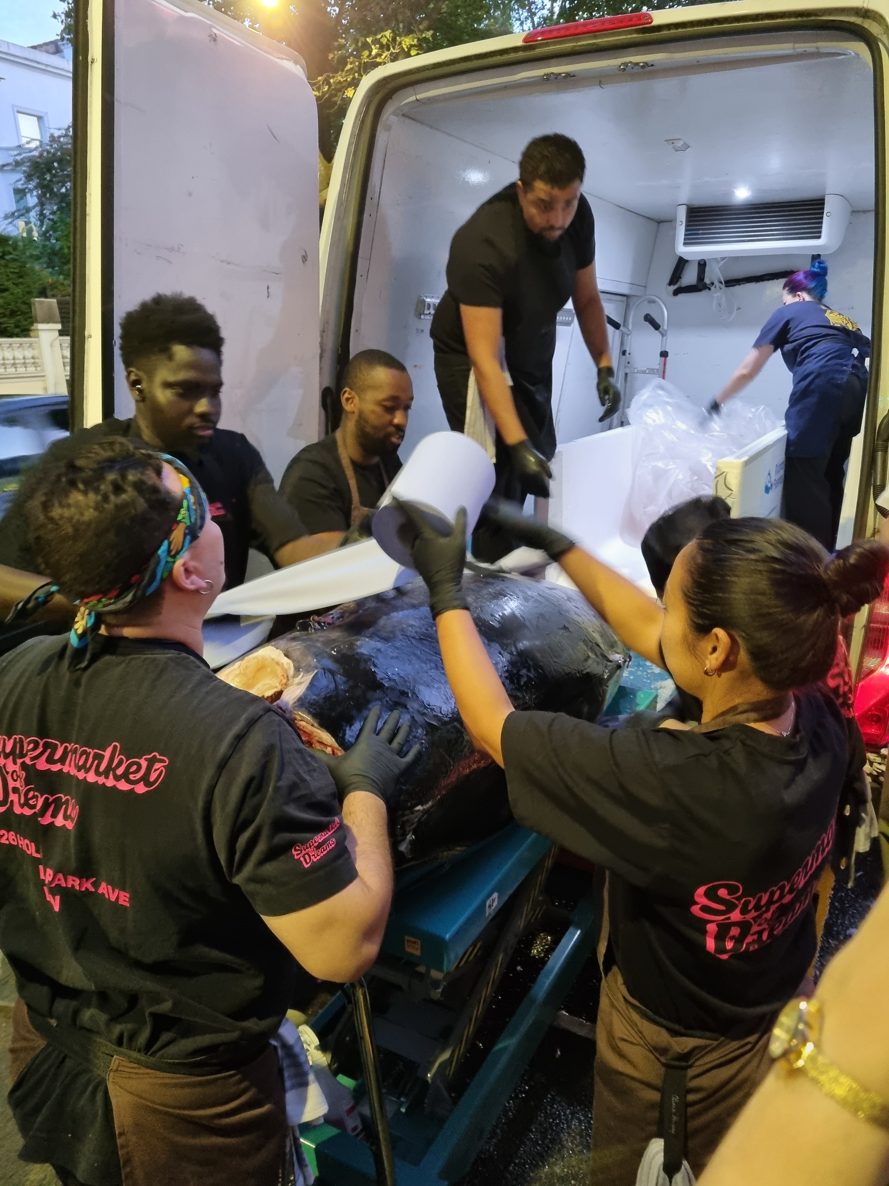 A team of restaurant staff at the back of a white refrigerated van carefully moving the massive, dark-skinned tuna onto a wheeled trolley.